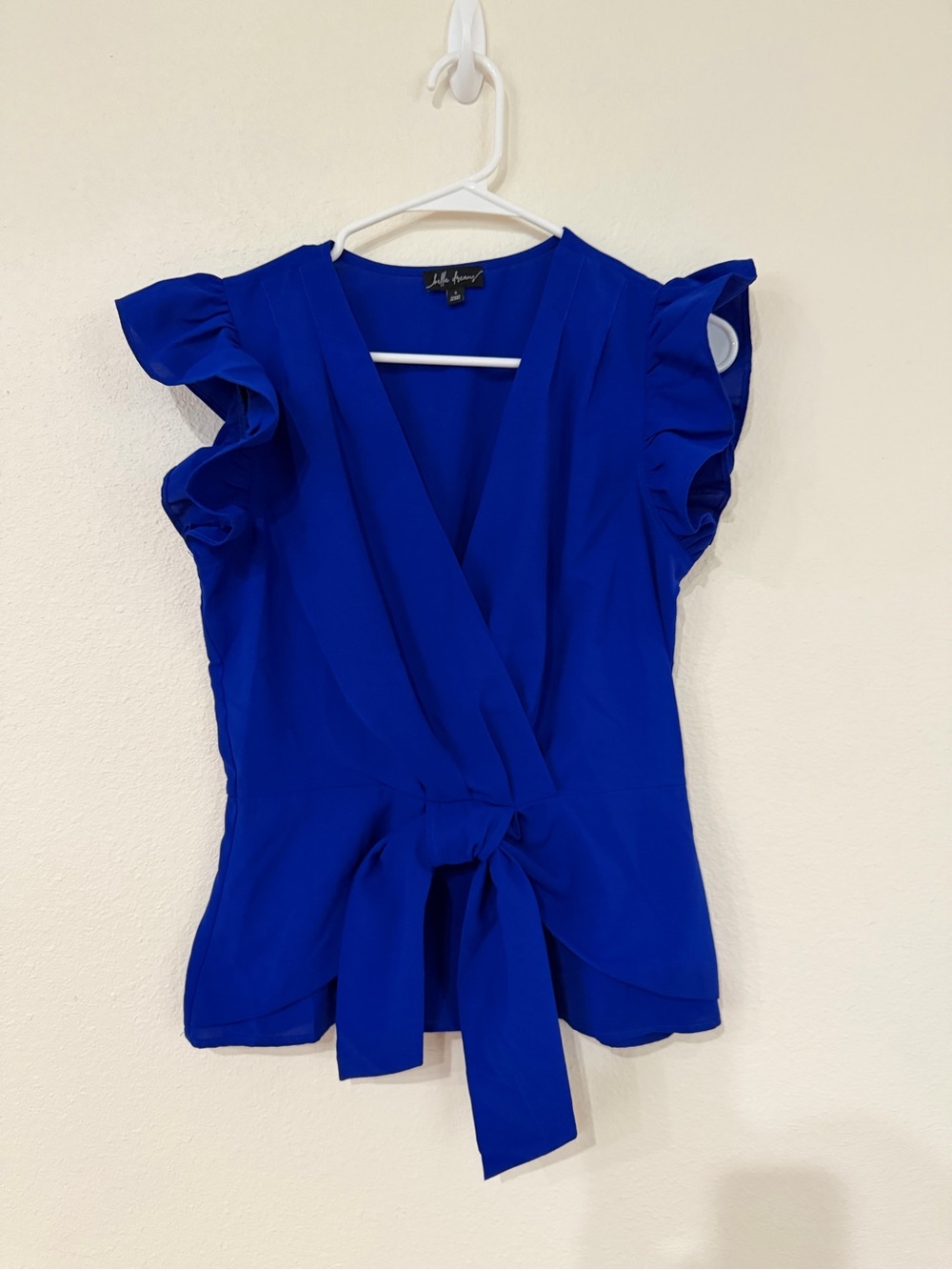 Bella D. Cobalt Blue Ruffle Sleeve Tie-Front Blouse